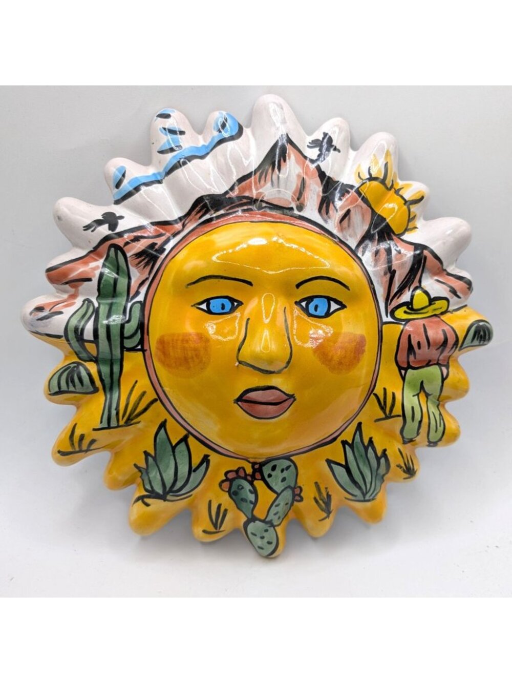 Mexican Talavera Ceramic Sun Face Wall Art Hand-Painted Southwest Design 12-Inch - Picture 2 of 5